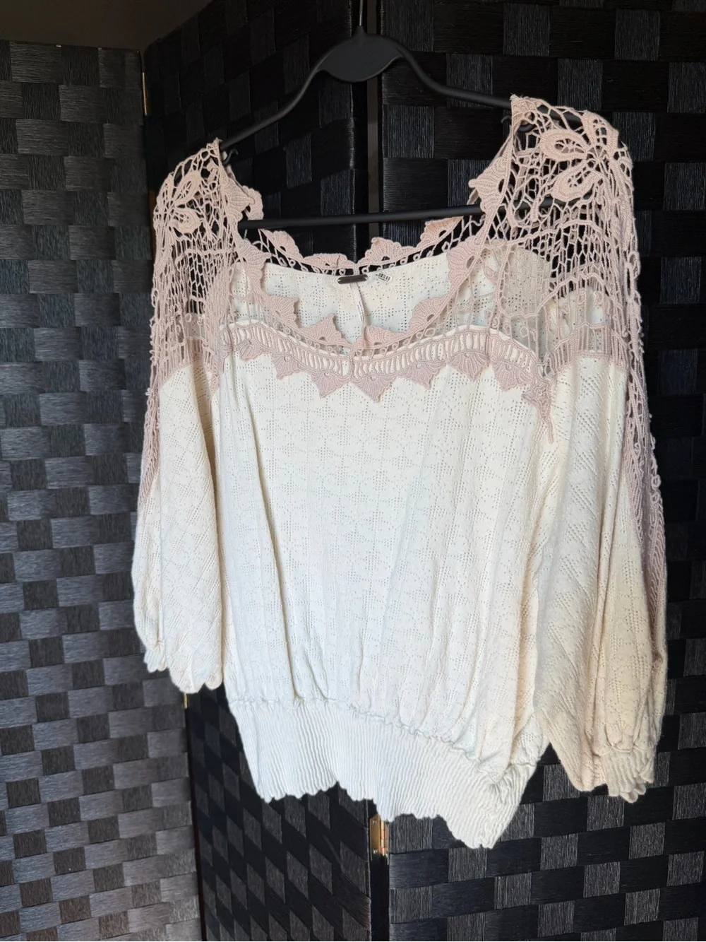 Free People Cream Top with Blush Crochet Yoke